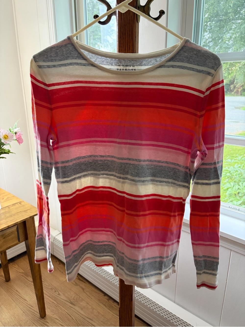 Talbots Striped Long-Sleeve Crewneck Top in Red, Pink & Gray